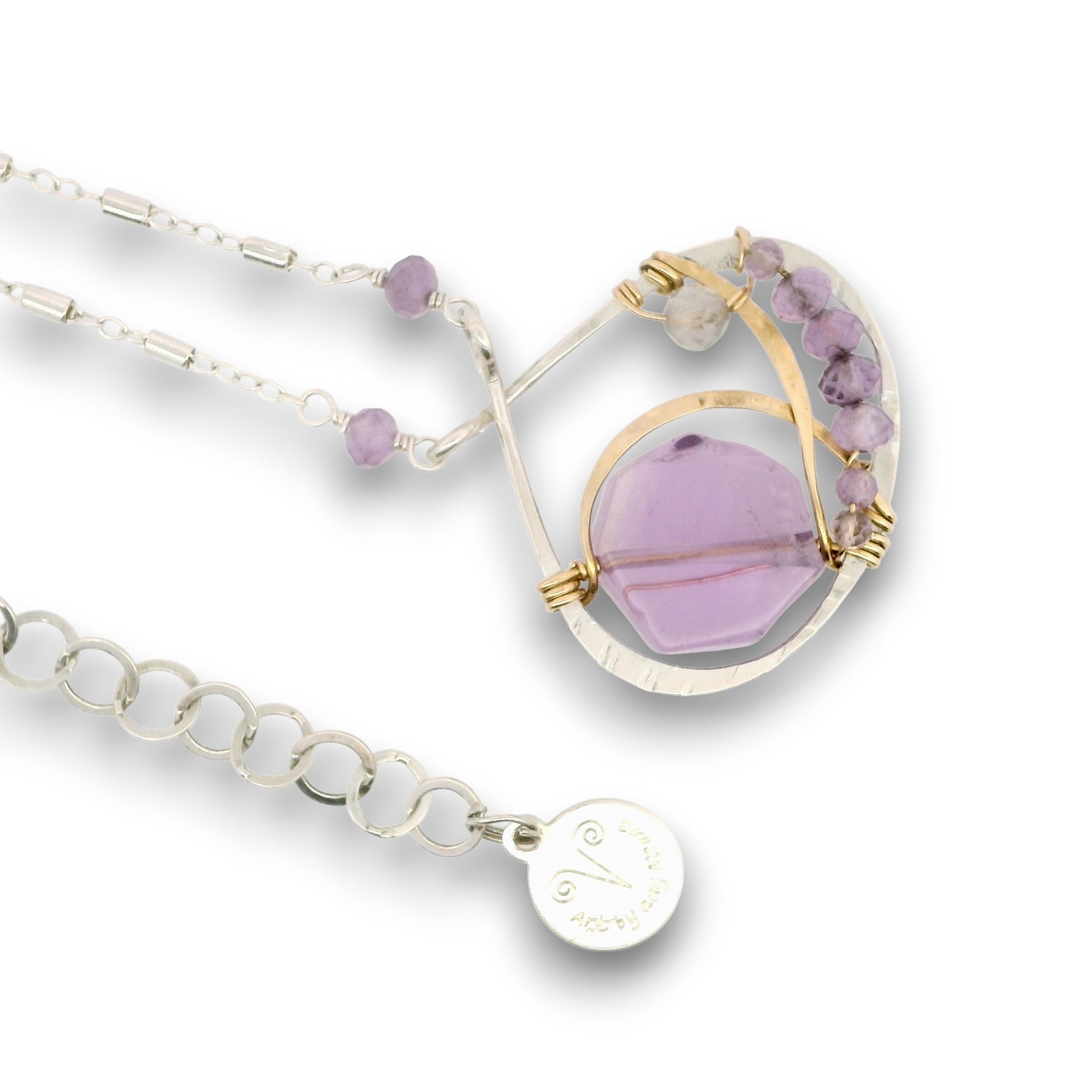 Sterling silver and brass hammered pendant necklace with amethyst and labradorite gemstones on gold filled wire and a sparkly sterling silver chain