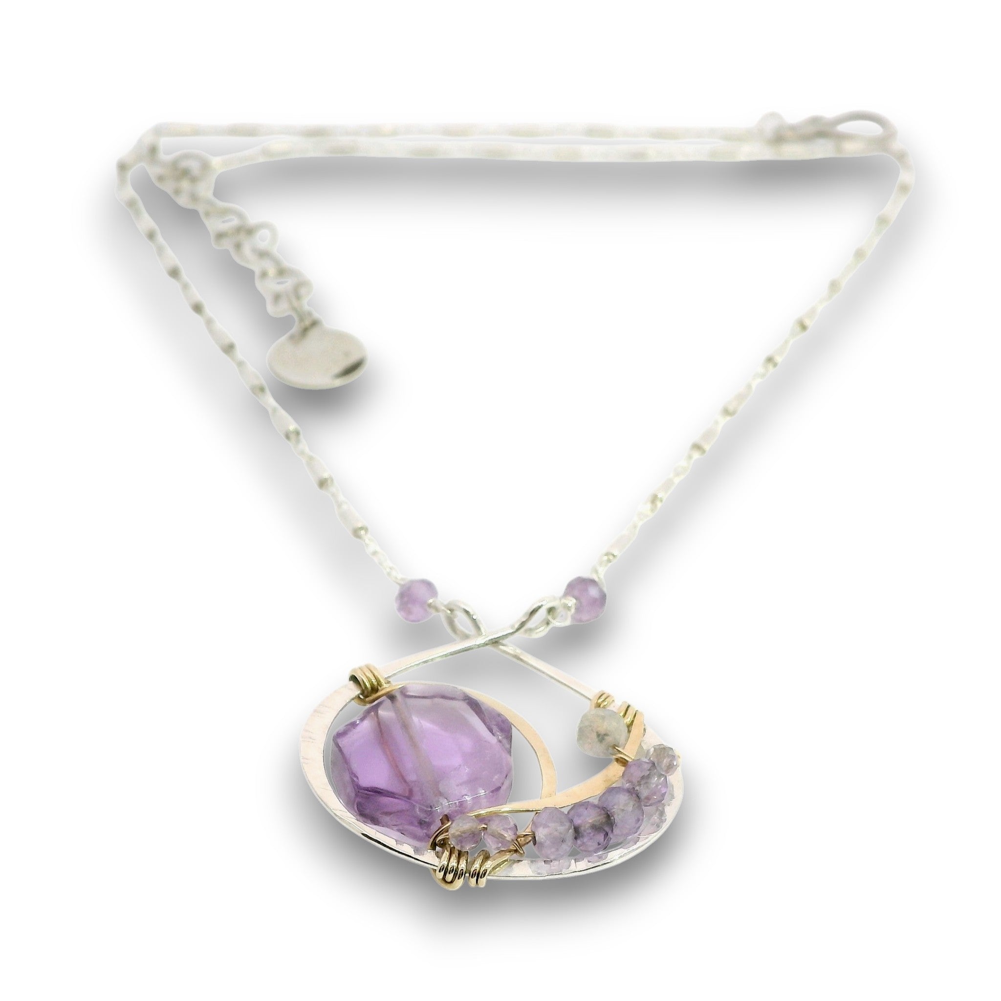 Sterling silver and brass hammered pendant necklace with amethyst and labradorite gemstones on gold filled wire and a sparkly sterling silver chain