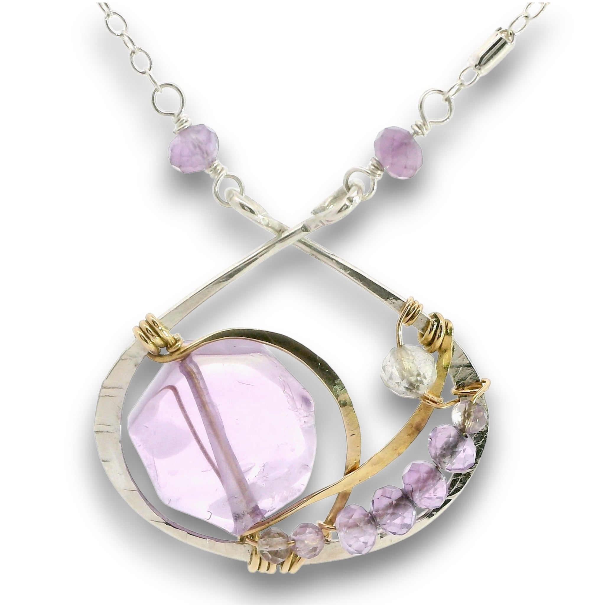 Sterling silver and brass hammered pendant necklace with amethyst and labradorite gemstones on gold filled wire and a sparkly sterling silver chain