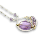 Sterling silver and brass hammered pendant necklace with amethyst and labradorite gemstones on gold filled wire and a sparkly sterling silver chain