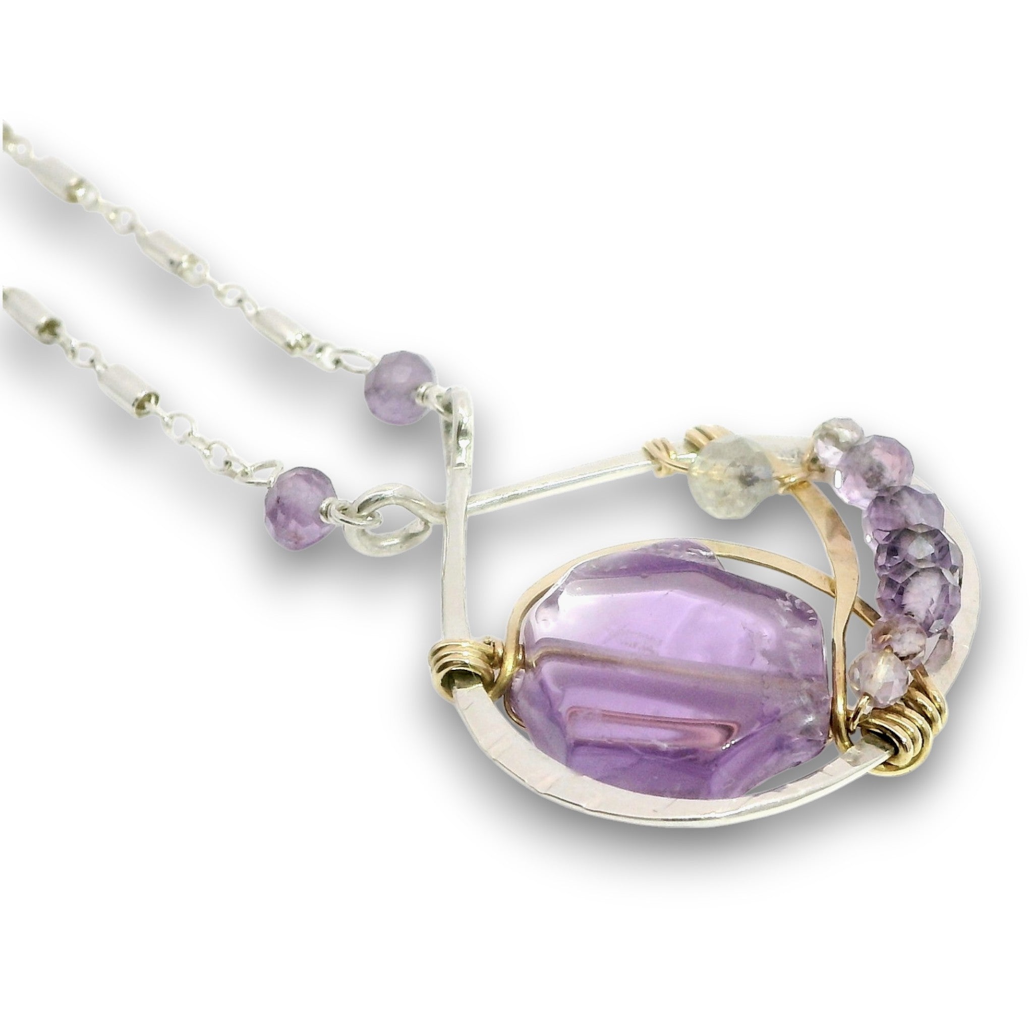 Sterling silver and brass hammered pendant necklace with amethyst and labradorite gemstones on gold filled wire and a sparkly sterling silver chain