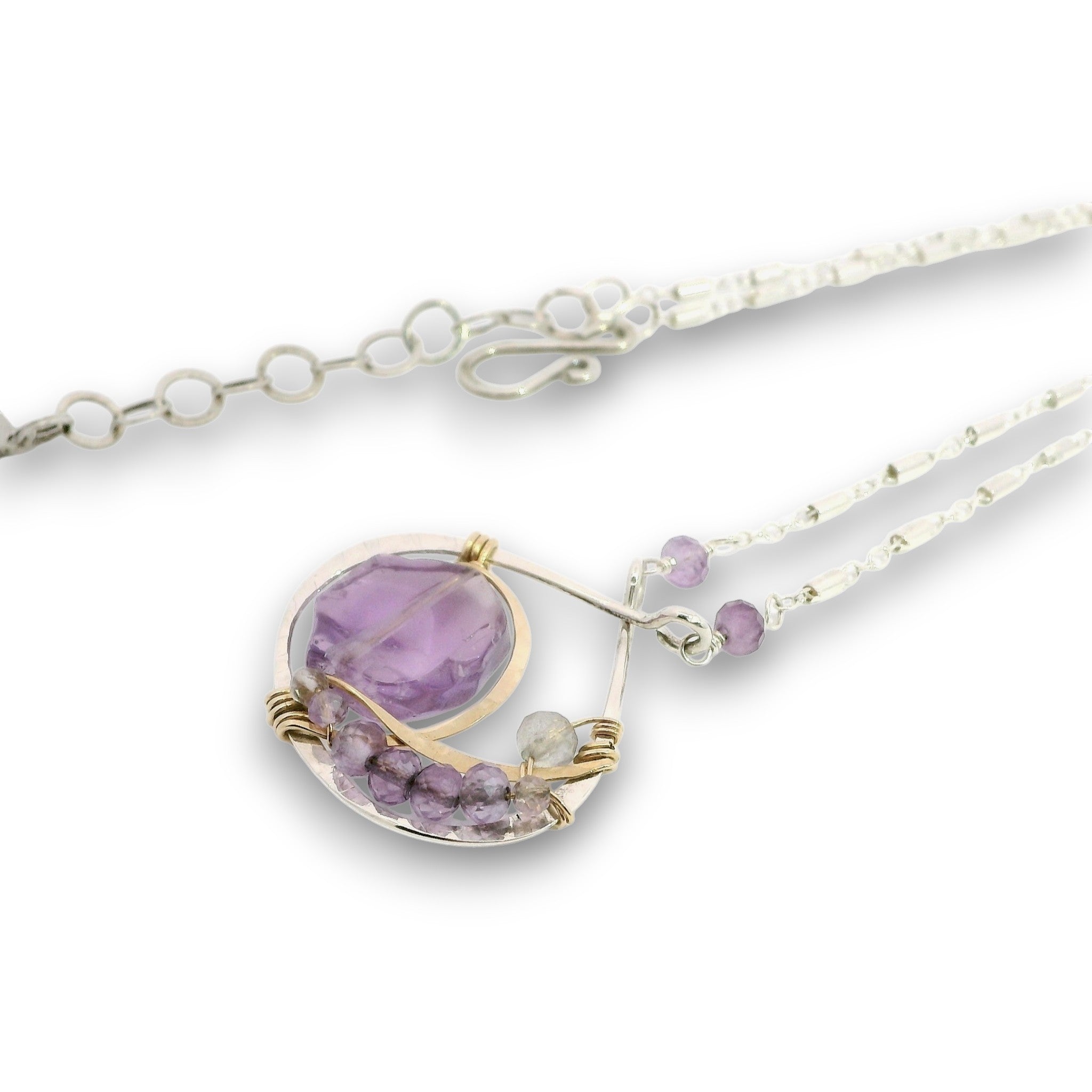 Sterling silver and brass hammered pendant necklace with amethyst and labradorite gemstones on gold filled wire and a sparkly sterling silver chain