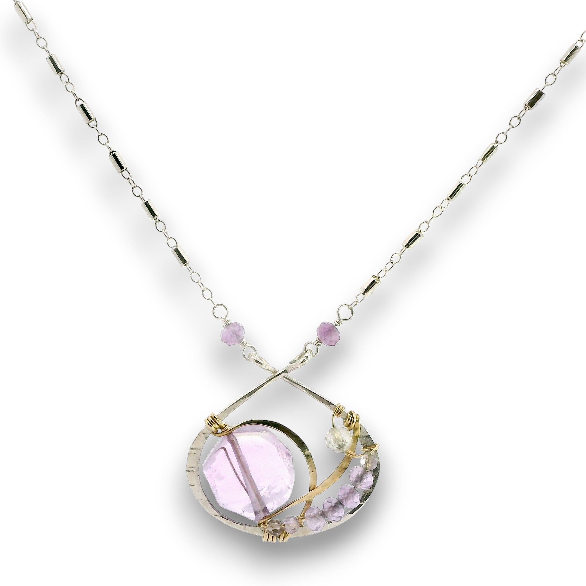 Sterling silver and brass hammered pendant necklace with amethyst and labradorite gemstones on gold filled wire and a sparkly sterling silver chain