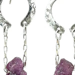 raw ruby nugget gemstones on sterling silver chain hanging from sterling silver horseshoe shaped earrings