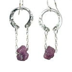 raw ruby nugget gemstones on sterling silver chain hanging from sterling silver horseshoe shaped earrings