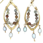 brass hammered marquise earrings lined with rutilated quartz with silver fresh water pearl dangles
