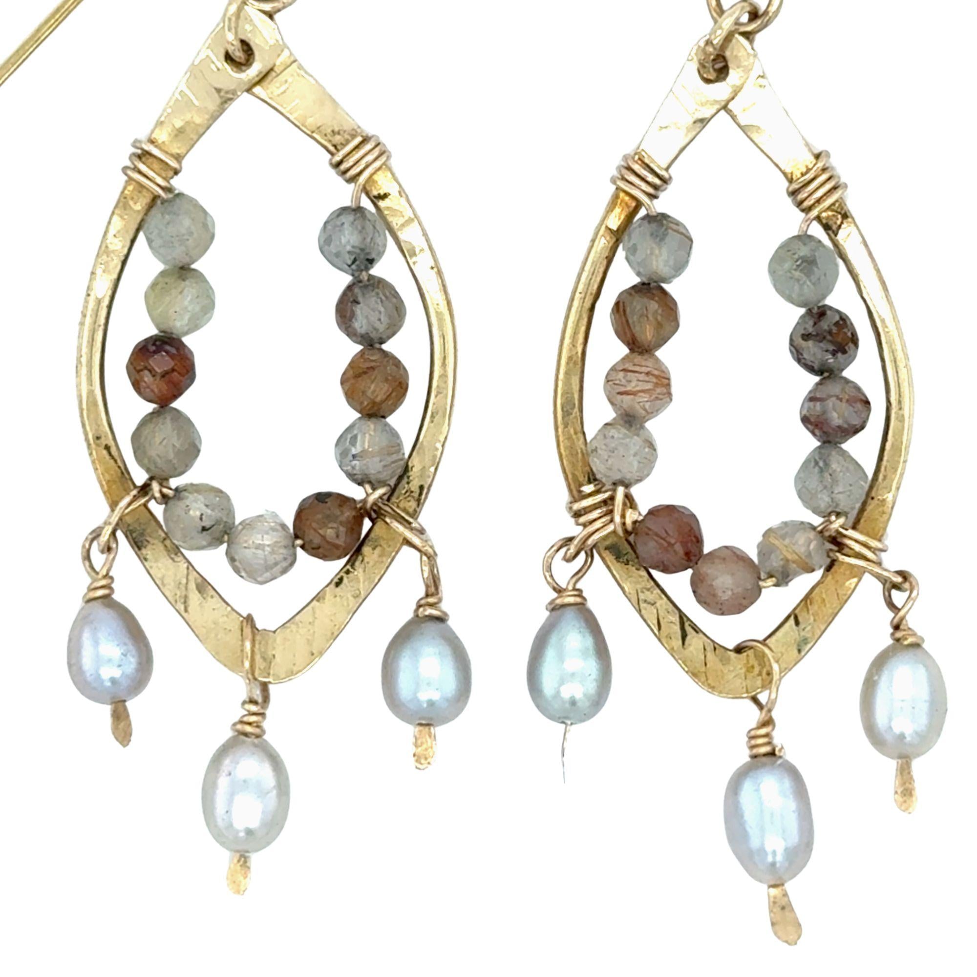 brass hammered marquise earrings lined with rutilated quartz with silver fresh water pearl dangles