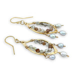 brass hammered marquise earrings lined with rutilated quartz with silver fresh water pearl dangles