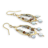 brass hammered marquise earrings lined with rutilated quartz with silver fresh water pearl dangles