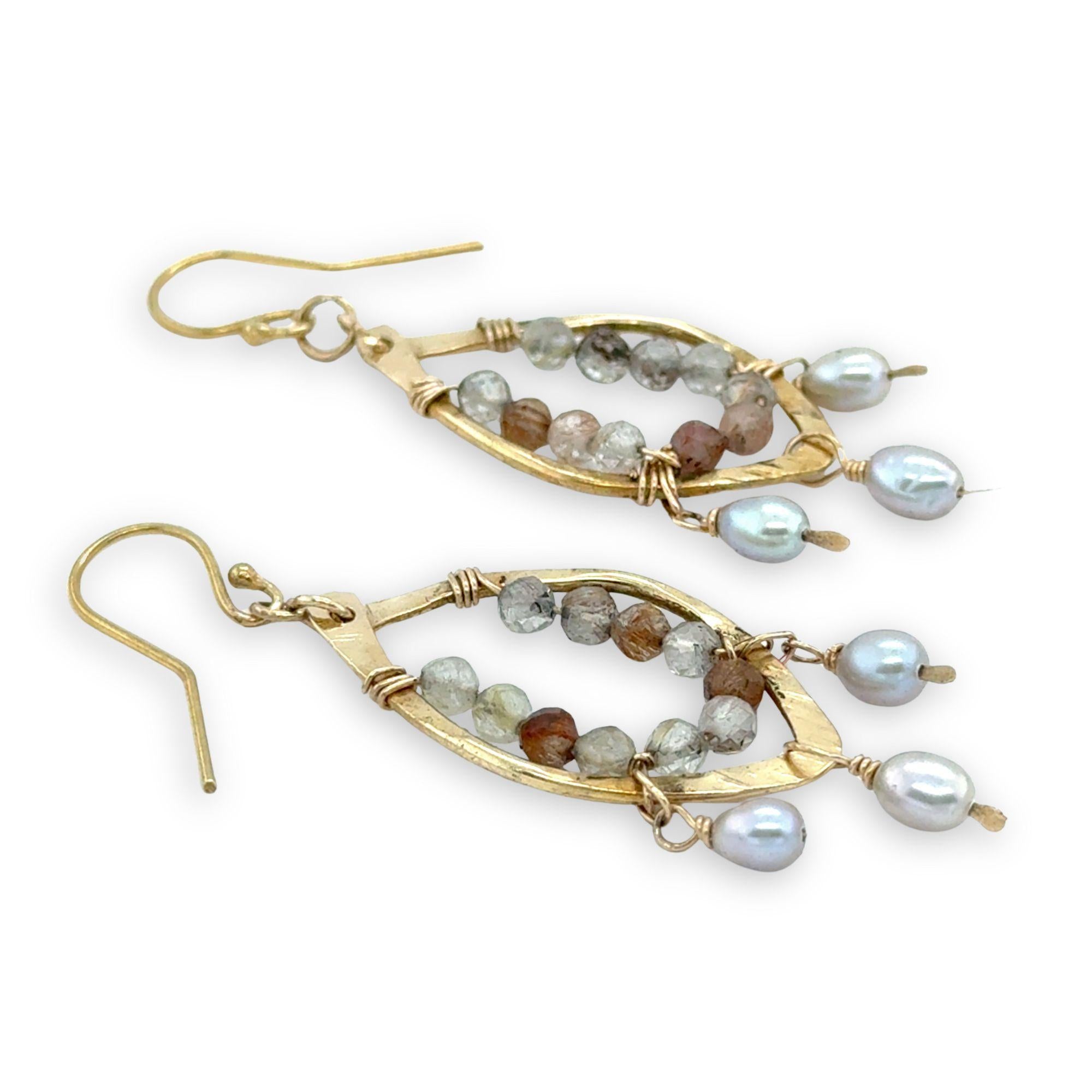 brass hammered marquise earrings lined with rutilated quartz with silver fresh water pearl dangles