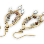 brass hammered marquise earrings lined with rutilated quartz with silver fresh water pearl dangles