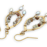brass hammered marquise earrings lined with rutilated quartz with silver fresh water pearl dangles
