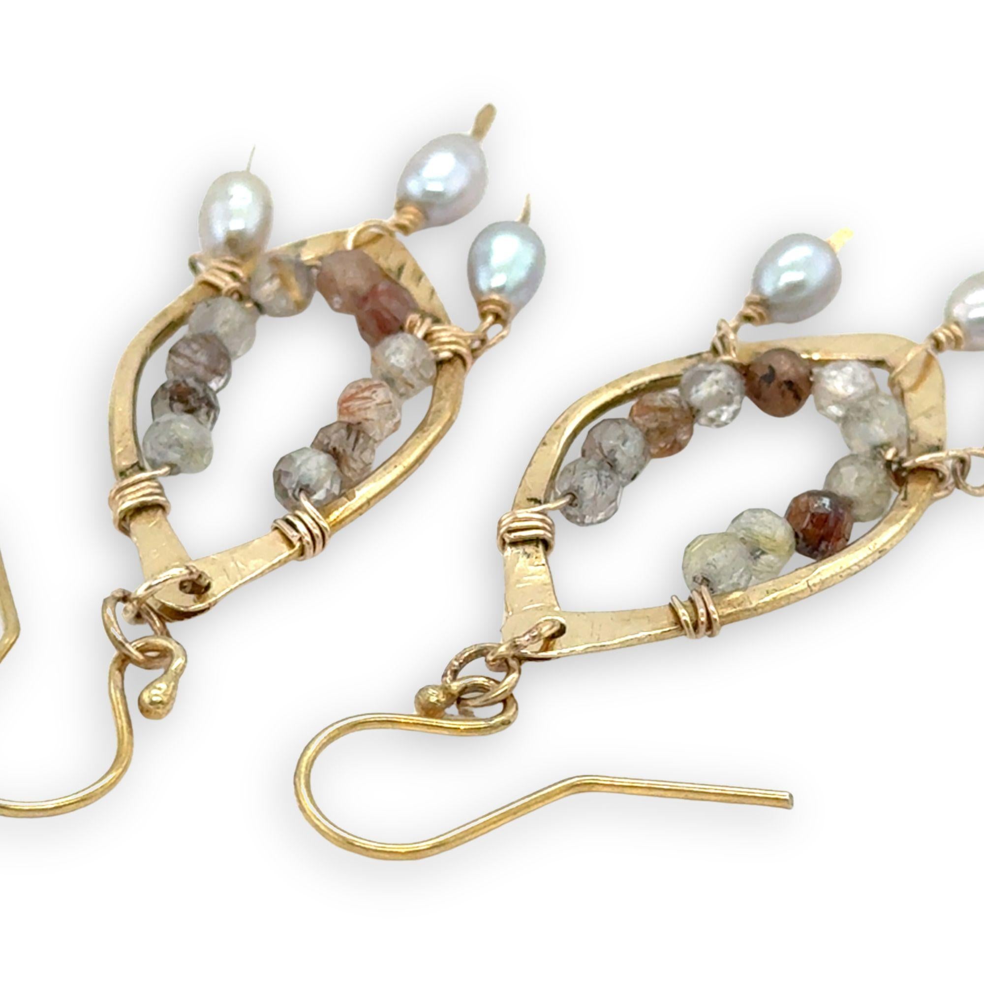 brass hammered marquise earrings lined with rutilated quartz with silver fresh water pearl dangles