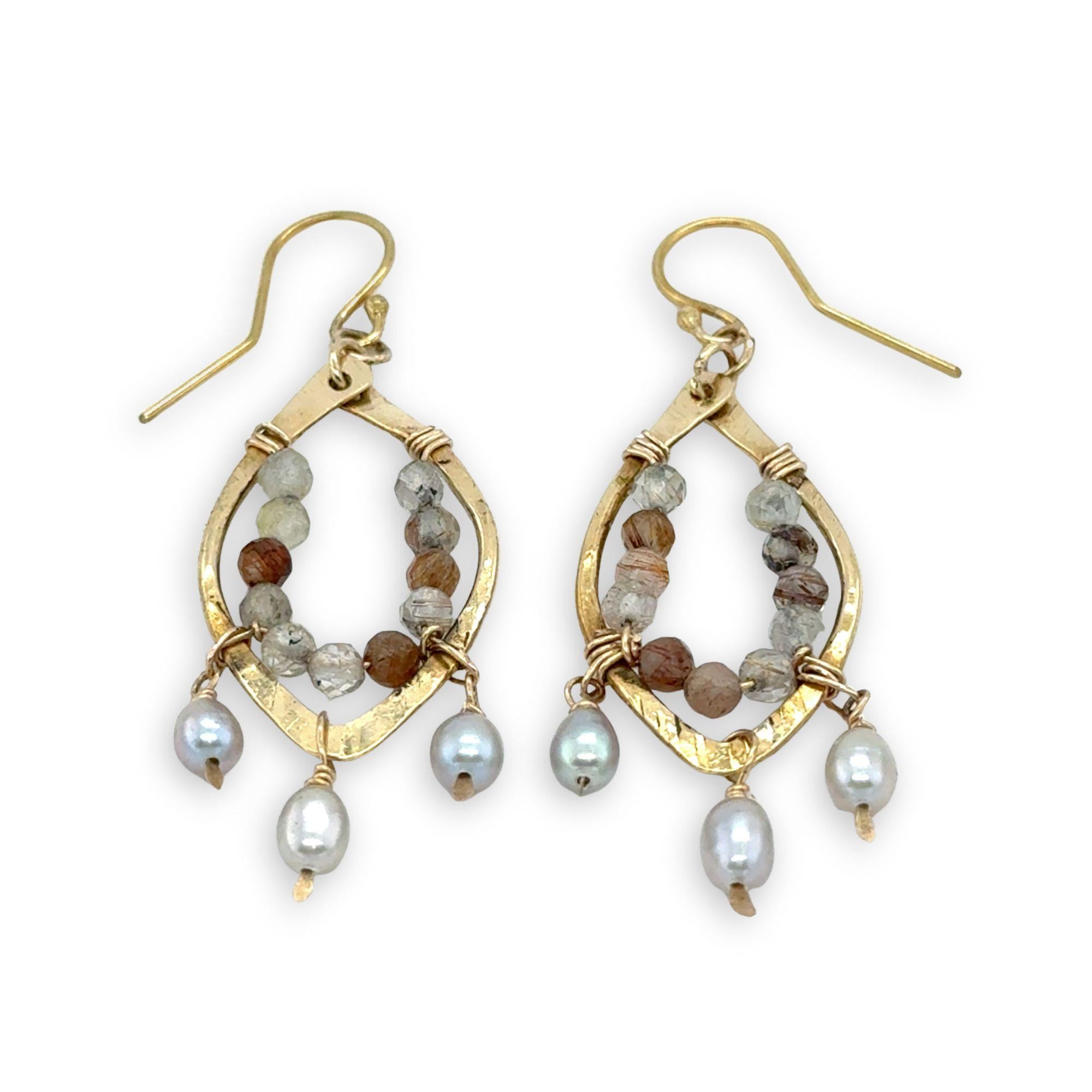 brass hammered marquise earrings lined with rutilated quartz with silver fresh water pearl dangles