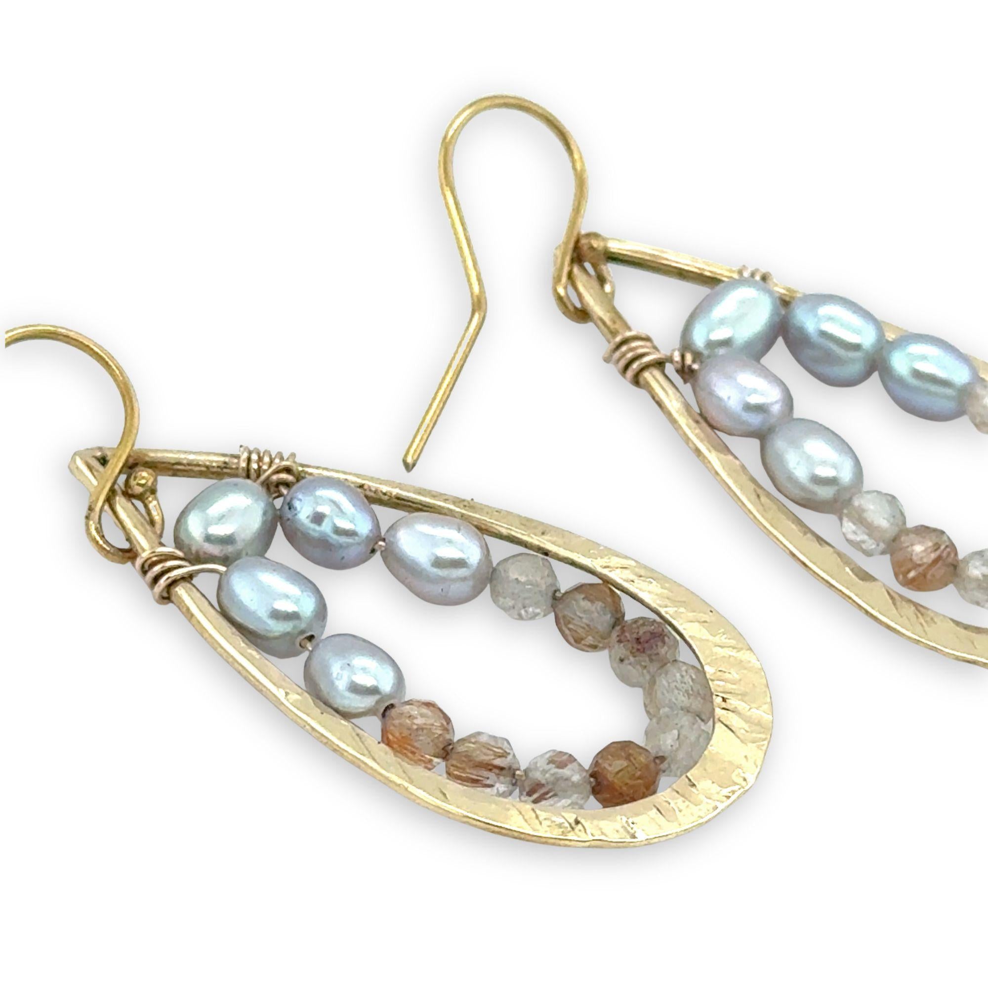 brass hammered teardrop earrings with embedded pearls and rutilated quartz gemstones