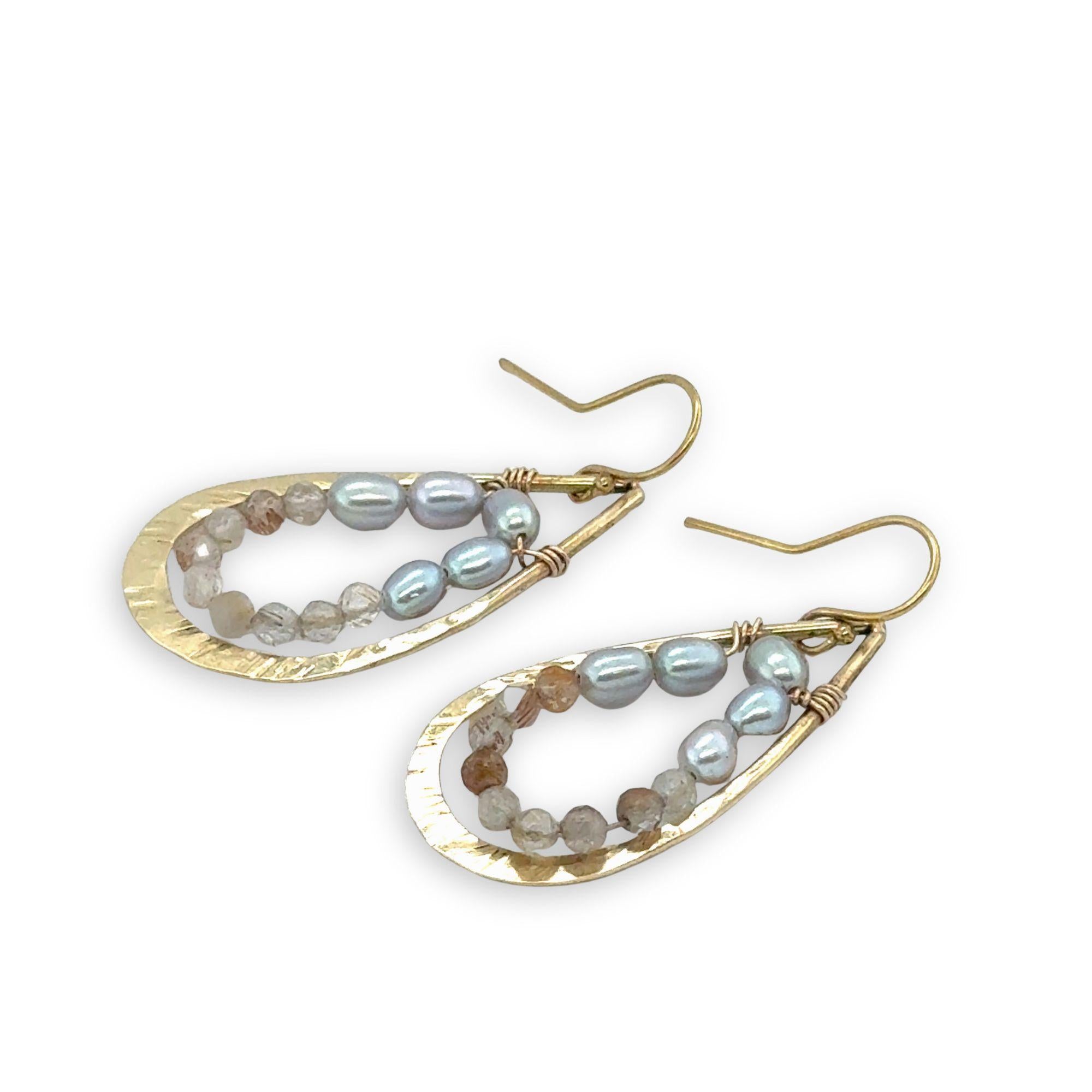 brass hammered teardrop earrings with embedded pearls and rutilated quartz gemstones
