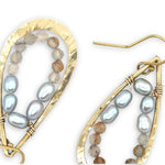 brass hammered teardrop earrings with embedded pearls and rutilated quartz gemstones