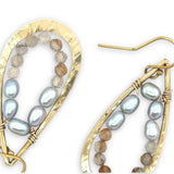 brass hammered teardrop earrings with embedded pearls and rutilated quartz gemstones