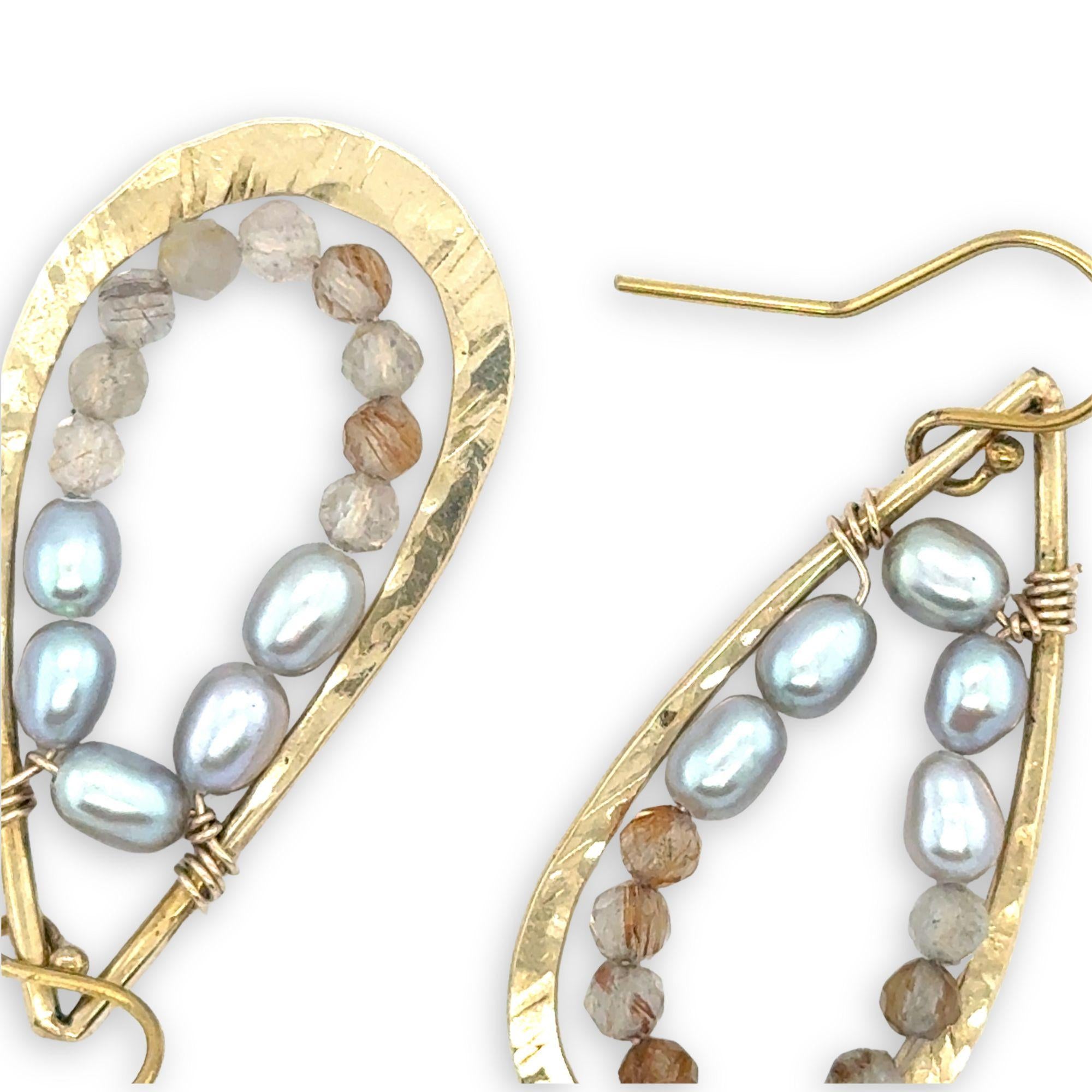 brass hammered teardrop earrings with embedded pearls and rutilated quartz gemstones