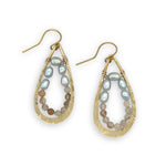 brass hammered teardrop earrings with embedded pearls and rutilated quartz gemstones