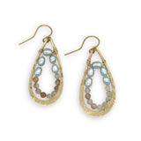 brass hammered teardrop earrings with embedded pearls and rutilated quartz gemstones
