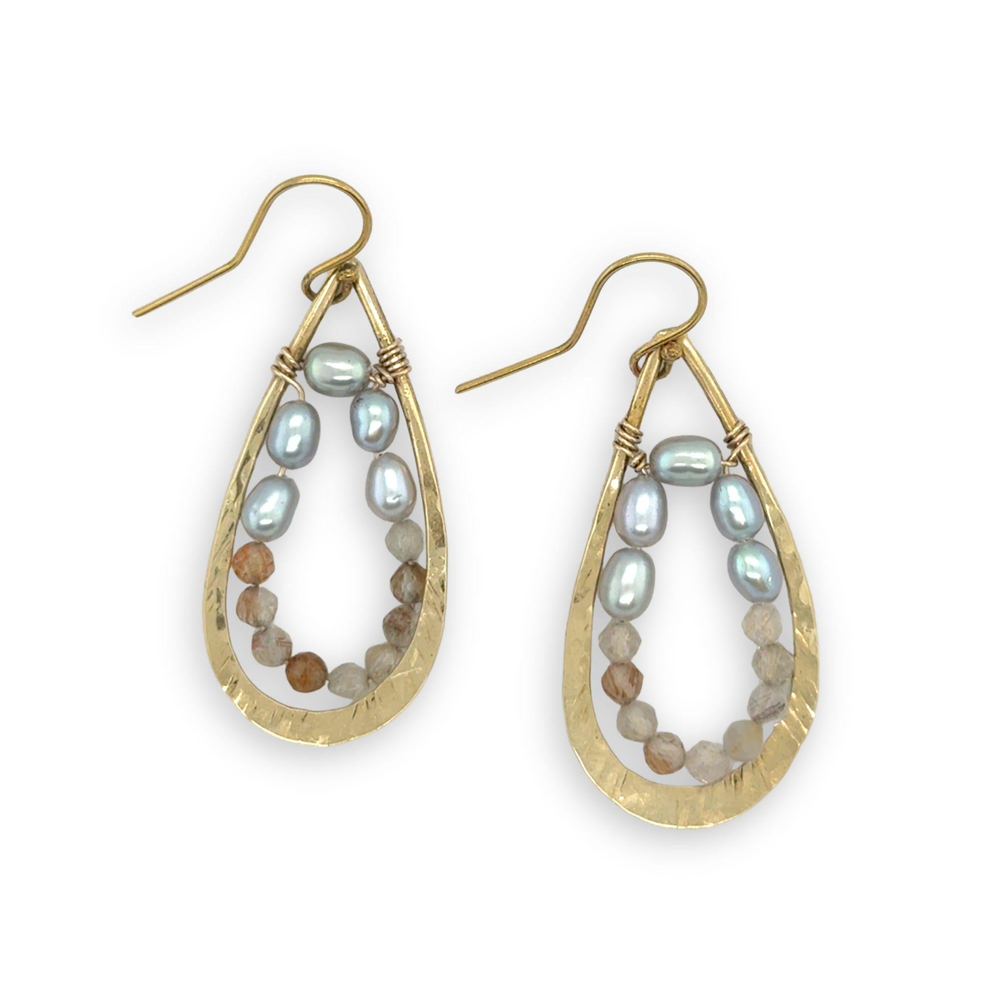 brass hammered teardrop earrings with embedded pearls and rutilated quartz gemstones