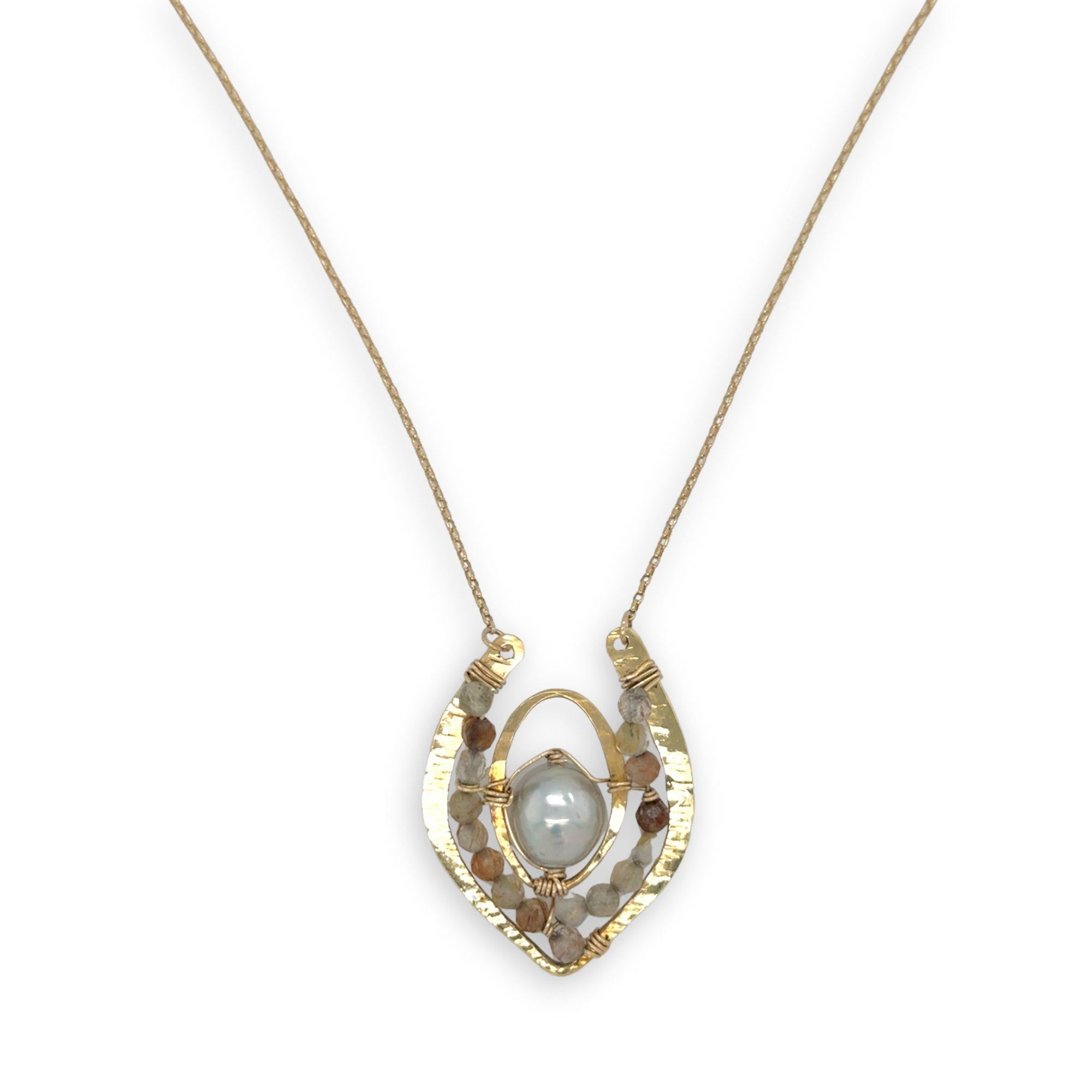 Brass textured pendant with fresh water pearl center, accented with rutilated quartz gemstones on gold filled delicate chain necklace