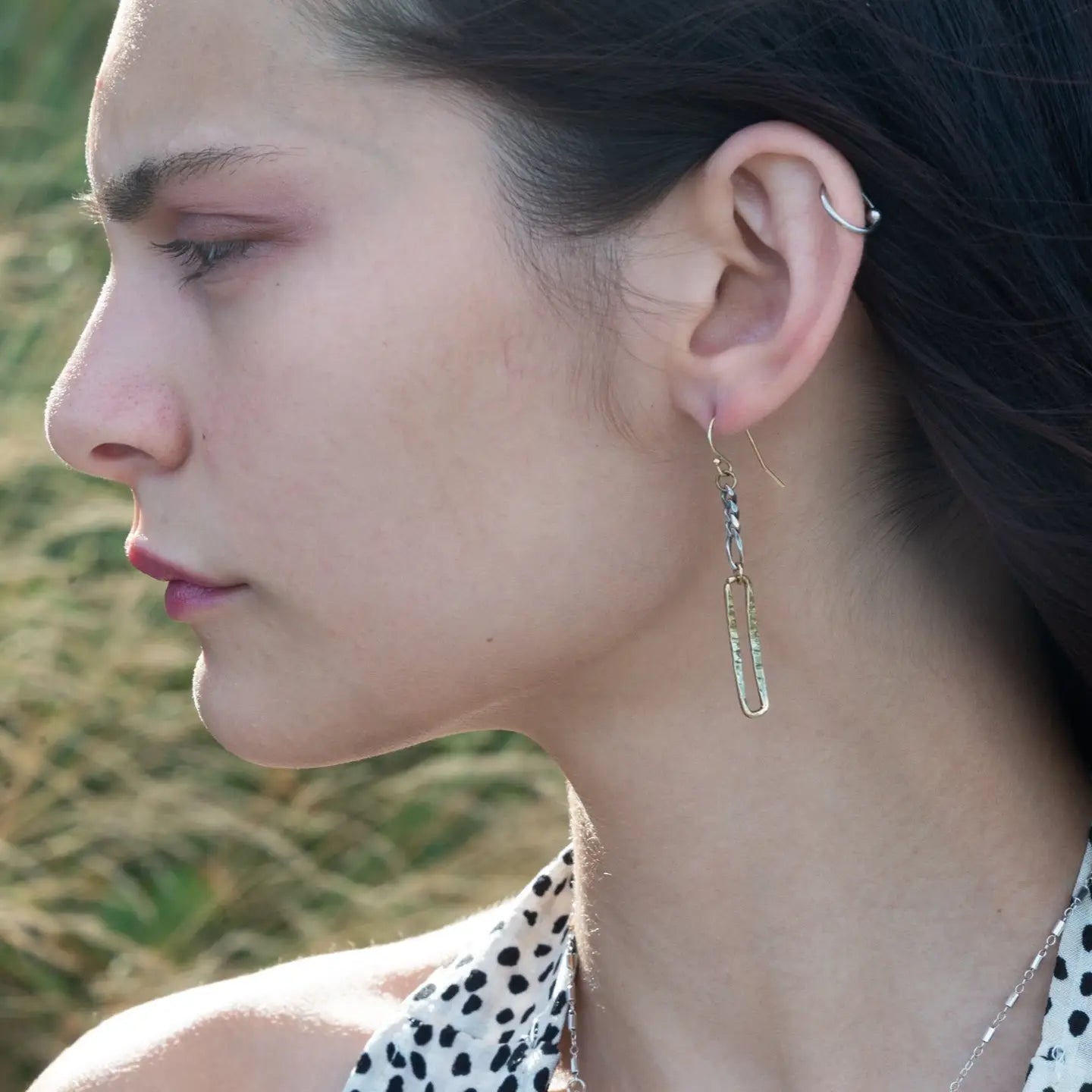 A pair of earrings featuring shiny brass rectangles attached to oxidized sterling silver chains, with gold filled French hooks.