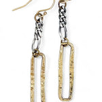 A pair of earrings featuring shiny brass rectangles attached to oxidized sterling silver chains, with gold filled French hooks.