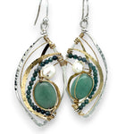 A pair of sterling silver marquise earrings with blue tourmaline gemstones, fresh water pearl, and jade set in hammered brass with silver french hooks.