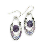 Smooth sugilite drops are held inside sterling silver and oxidized sterling twist channel mini hoops lined with amethyst, fresh water pearl, and cubic zirconia