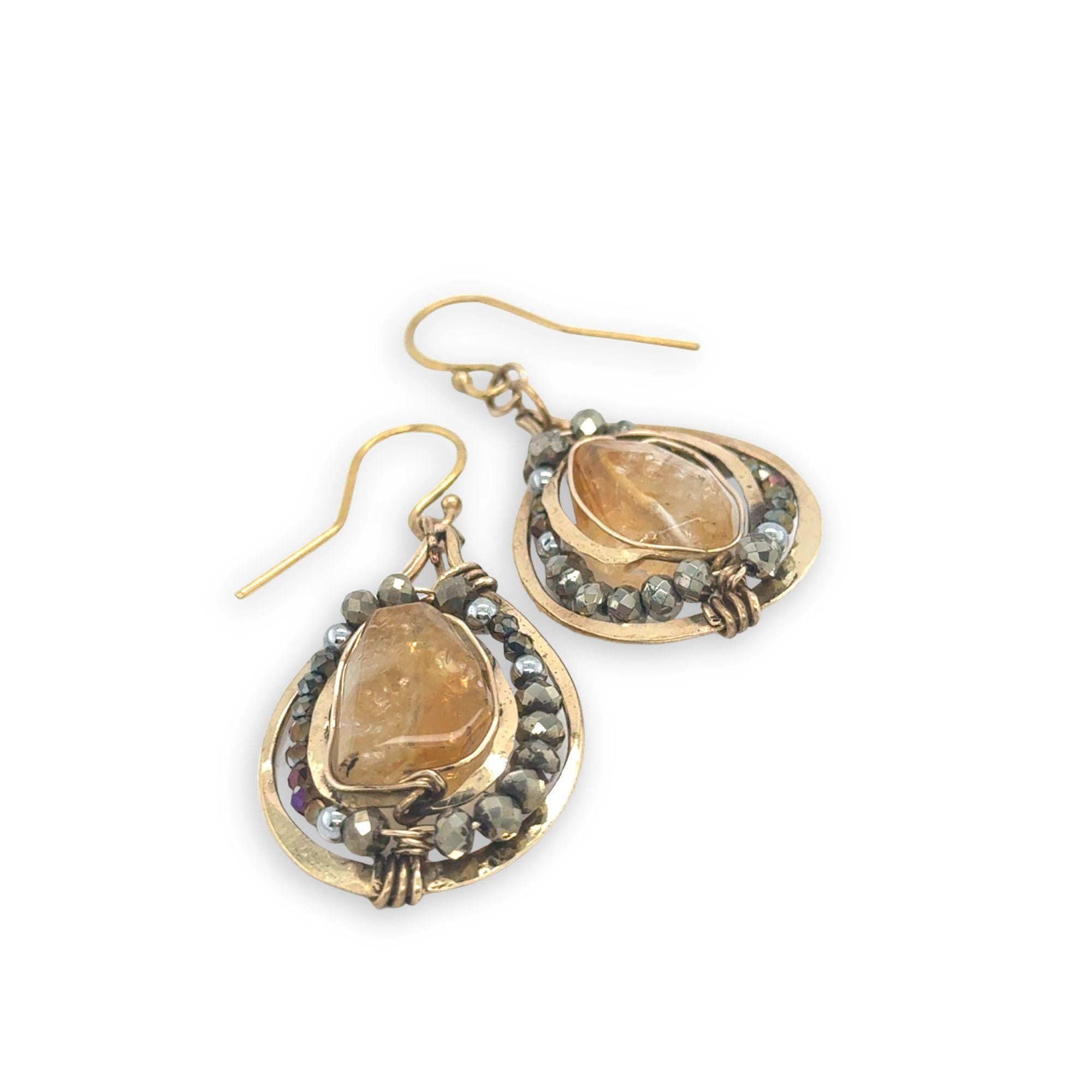 brass hammered drop earrings with citrine nuggets surrounded by crystal and pyrite gemstones on gold filled earring hooks