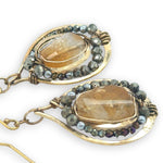 brass hammered drop earrings with citrine nuggets surrounded by crystal and pyrite gemstones on gold filled earring hooks