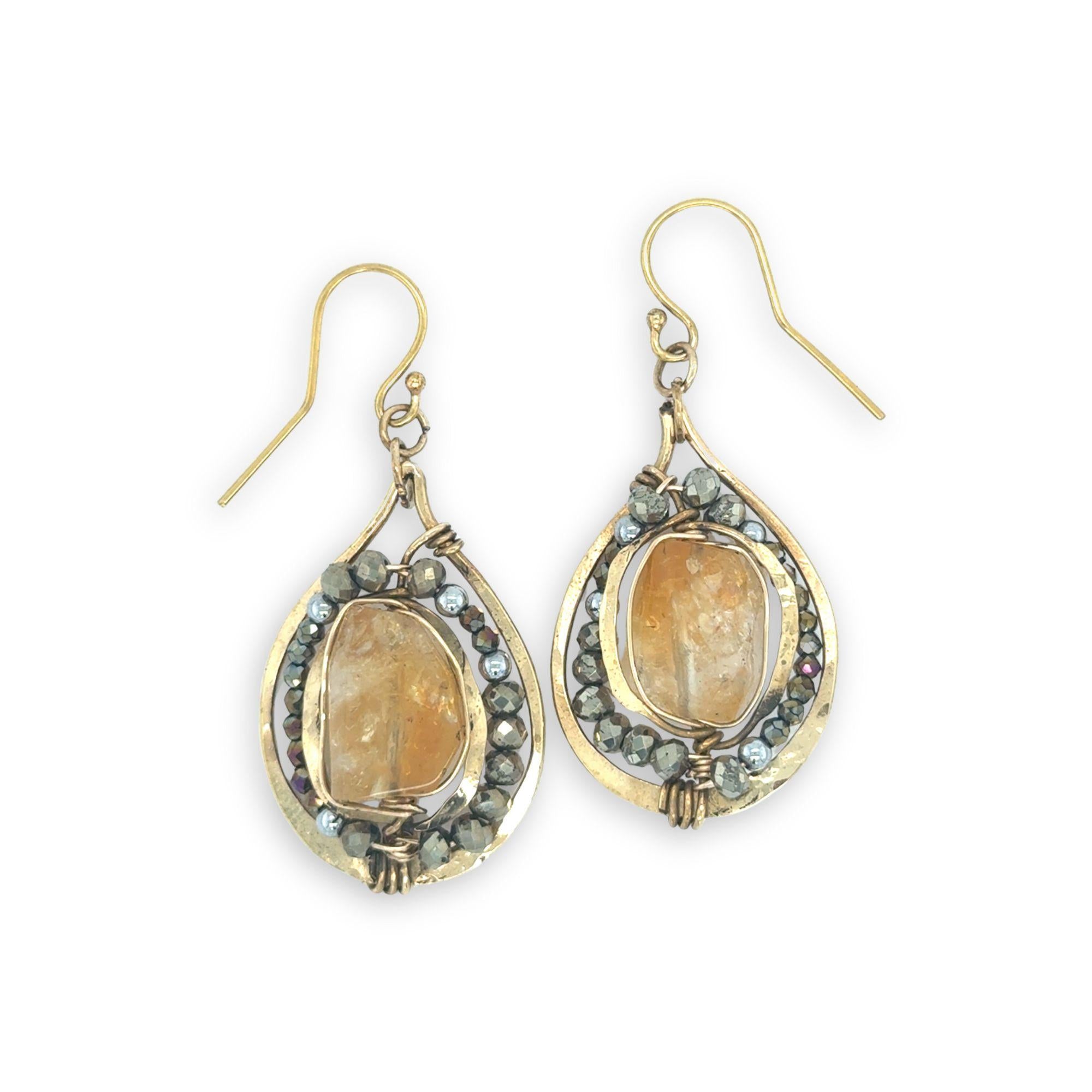 brass hammered drop earrings with citrine nuggets surrounded by crystal and pyrite gemstones on gold filled earring hooks