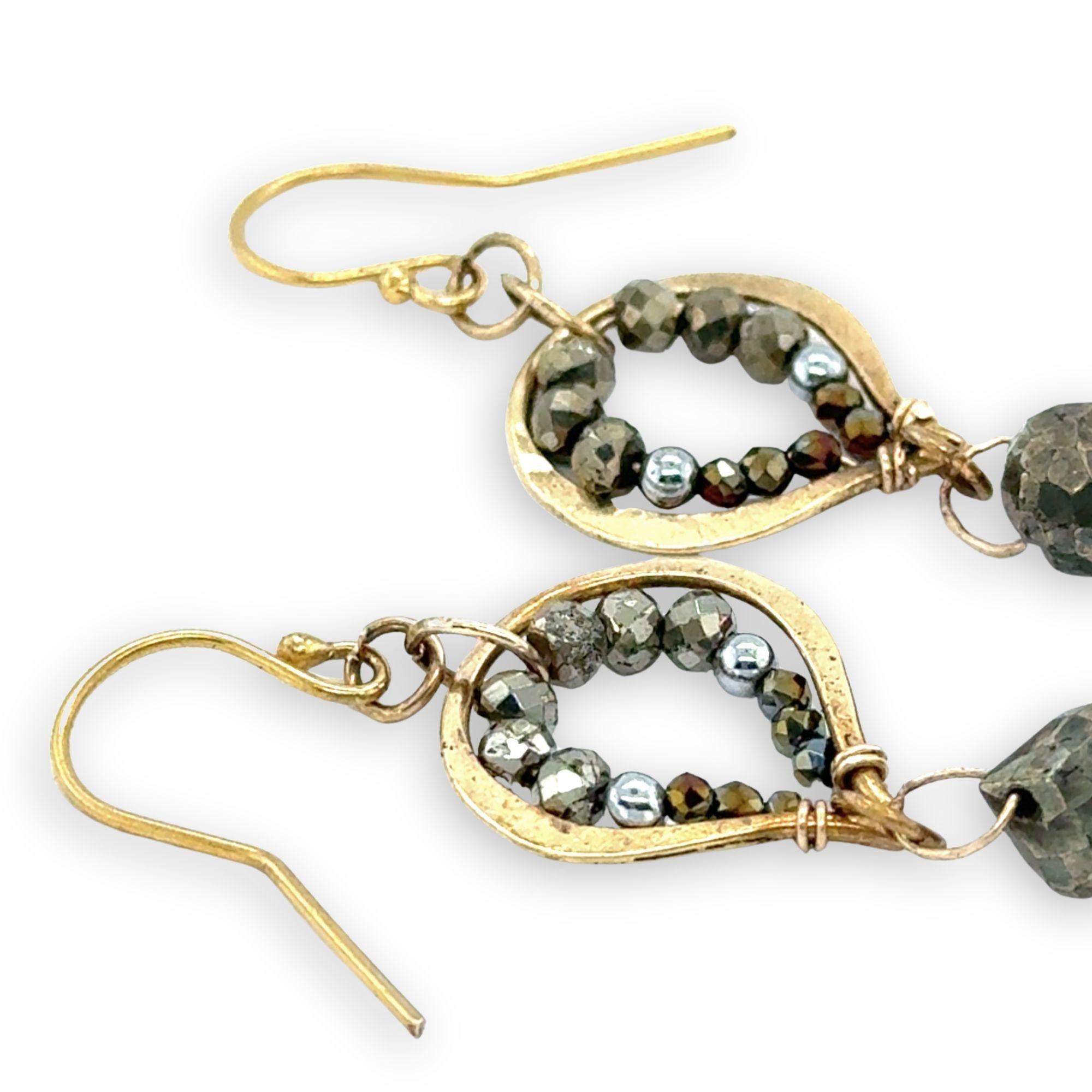 mini brass teardrop earrings with faceted pyrite gemstones on gold fill earring hooks