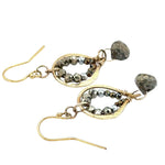 mini brass teardrop earrings with faceted pyrite gemstones on gold fill earring hooks