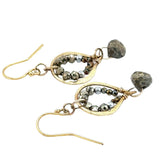 mini brass teardrop earrings with faceted pyrite gemstones on gold fill earring hooks