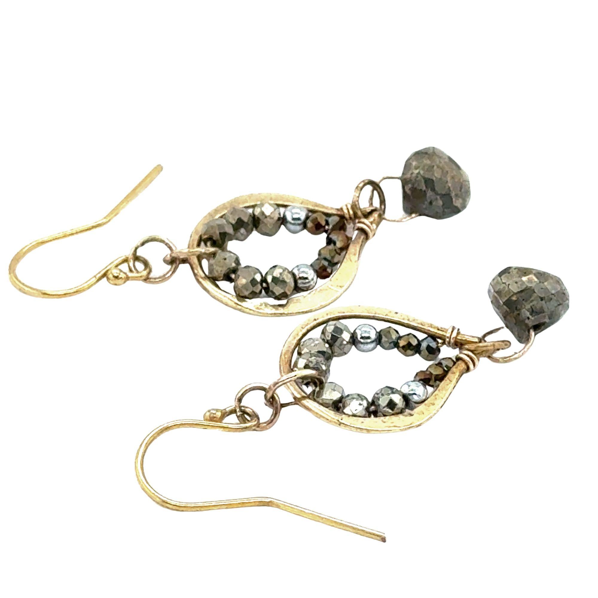 mini brass teardrop earrings with faceted pyrite gemstones on gold fill earring hooks