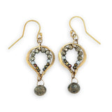 mini brass teardrop earrings with faceted pyrite gemstones on gold fill earring hooks