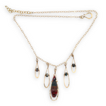 gold filled necklace with hammered drops charms filled with ruby zoisit, mookaite jasper, and large bloodstone drop gemstones