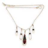 gold filled necklace with hammered drops charms filled with ruby zoisit, mookaite jasper, and large bloodstone drop gemstones