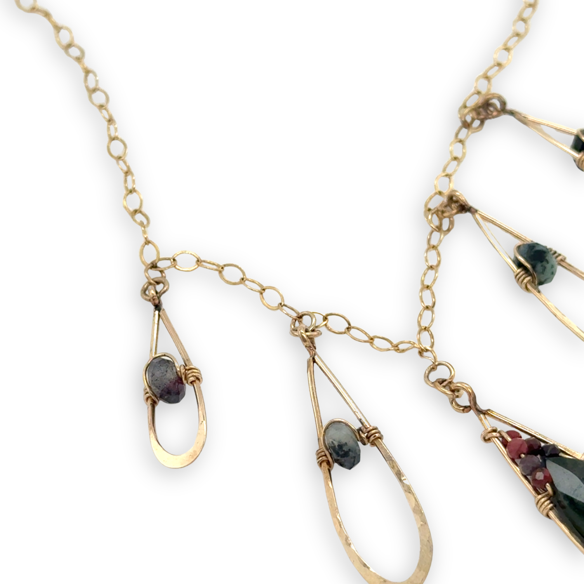 gold filled necklace with hammered drops charms filled with ruby zoisit, mookaite jasper, and large bloodstone drop gemstones