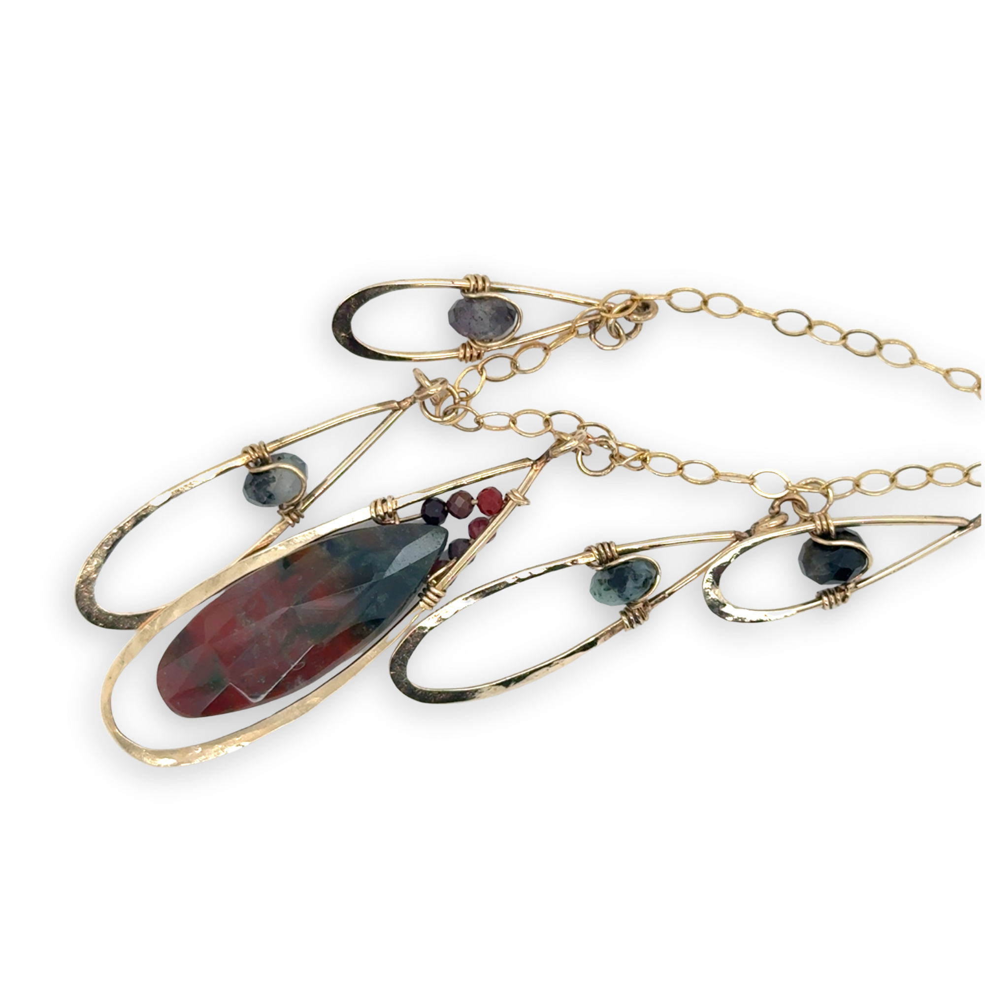 gold filled necklace with hammered drops charms filled with ruby zoisit, mookaite jasper, and large bloodstone drop gemstones