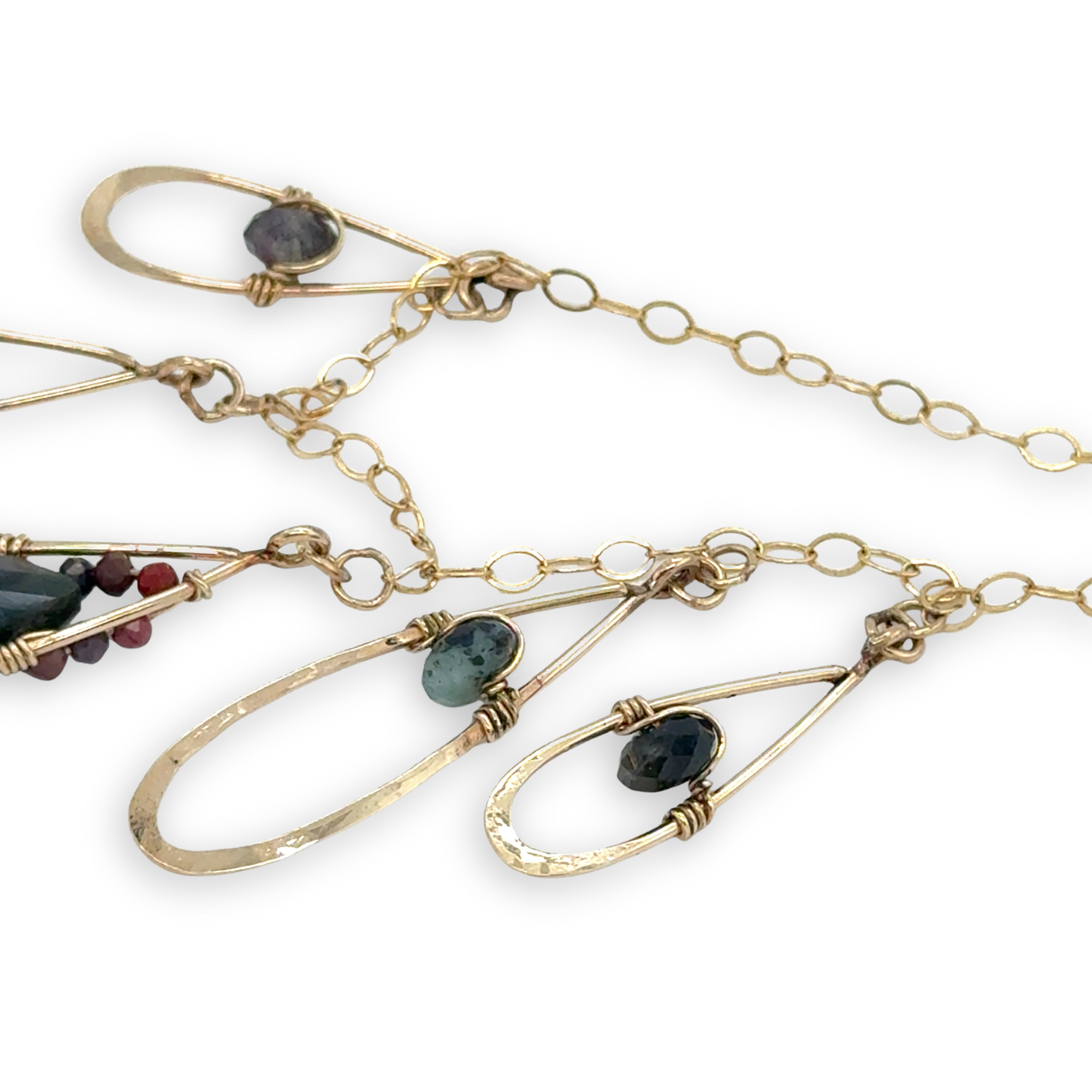 gold filled necklace with hammered drops charms filled with ruby zoisit, mookaite jasper, and large bloodstone drop gemstones