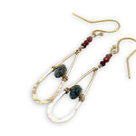 Gold filled skinny teardop earrings with ruby zoisite and mookaite jasper gemstones