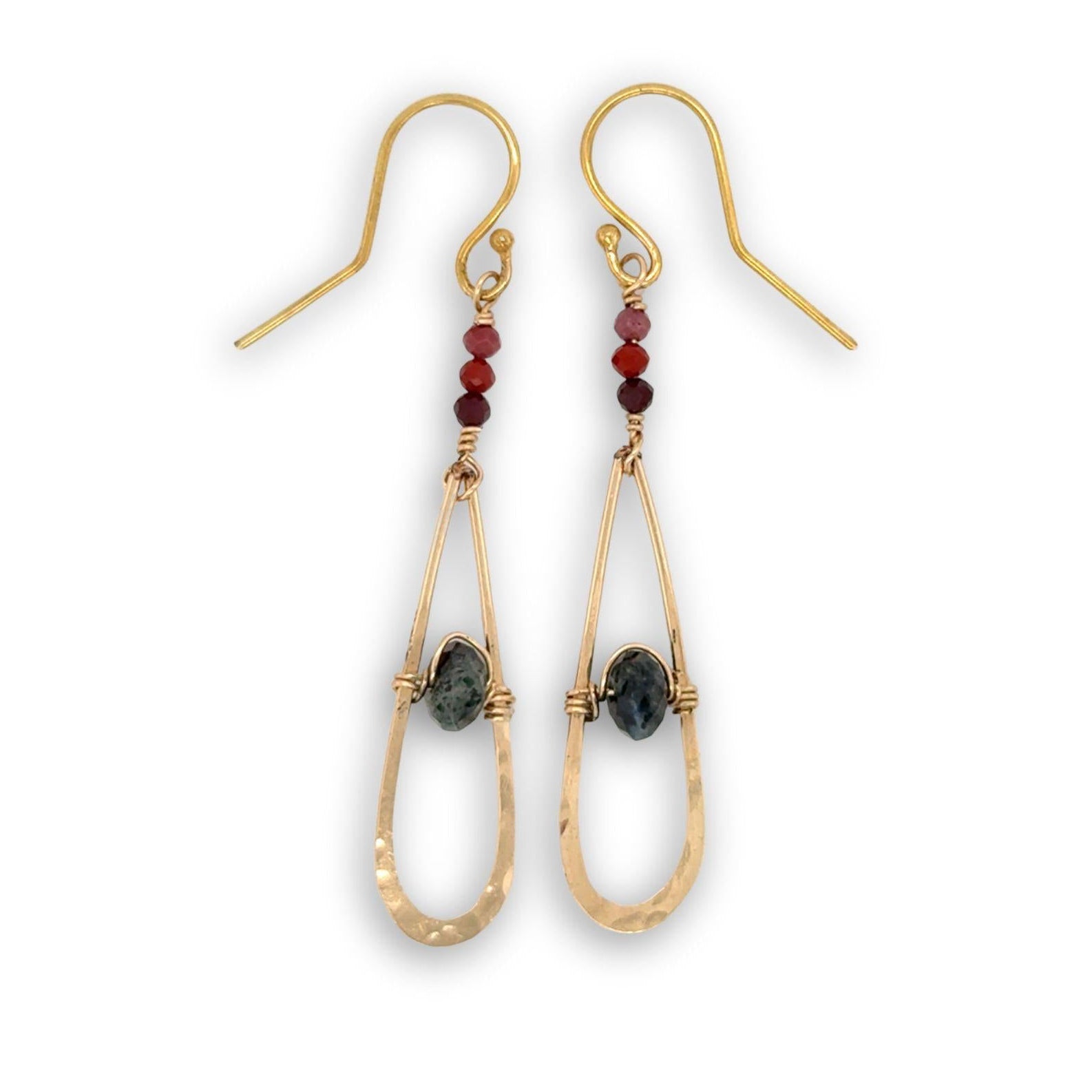 Gold filled skinny teardop earrings with ruby zoisite and mookaite jasper gemstones