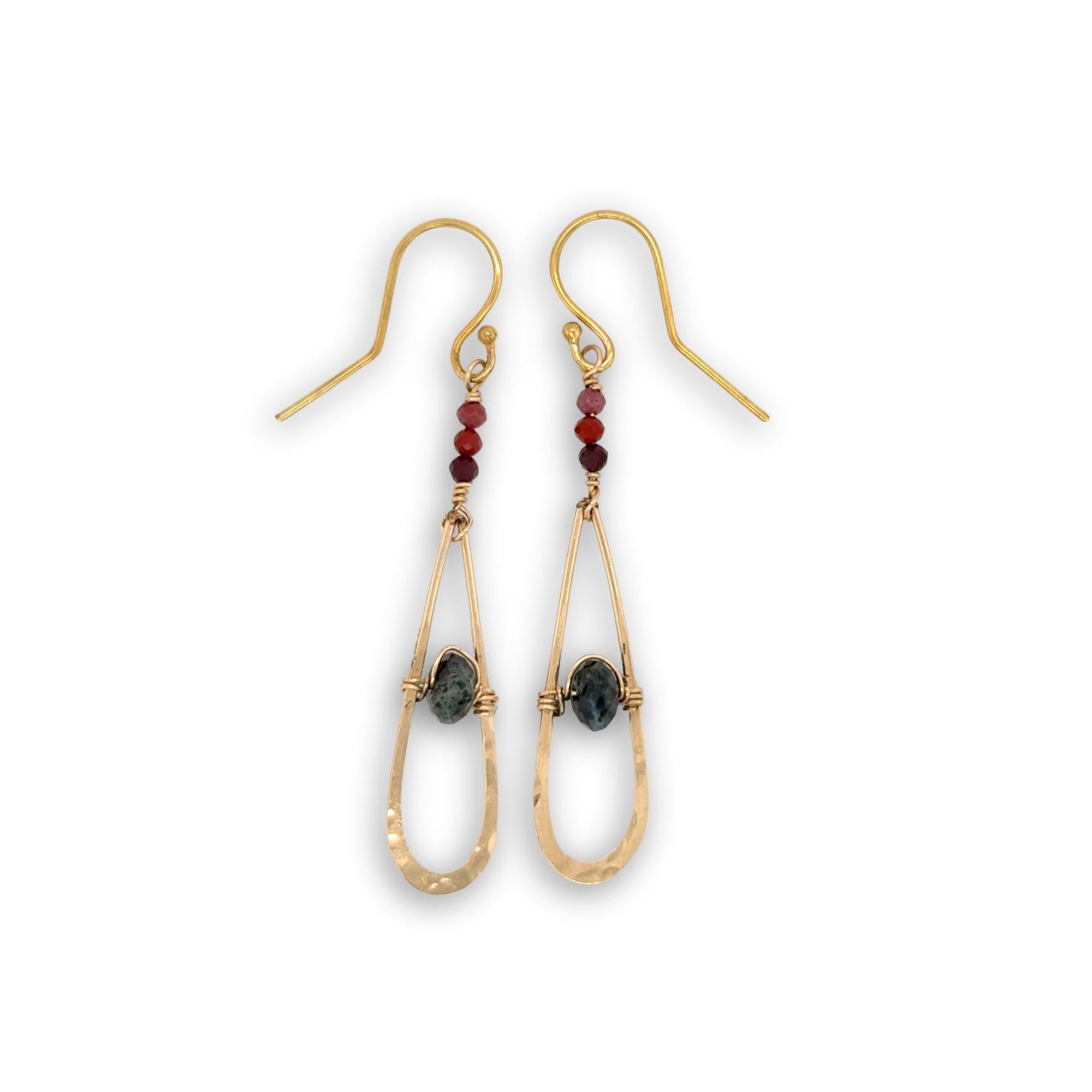 Gold filled skinny teardop earrings with ruby zoisite and mookaite jasper gemstones