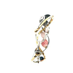 A oxidized sterling. brass, and sterling silver hammered wave bracelet featuring rhodochrosite, rose quartz, bloodstone, moss agate, and jasper gemstones on gold filled wire