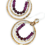 Stamped double bronze mini hoop earrings lined with two types of garnet faceted gemstones on sterling silver earring hooks