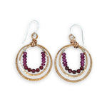 Stamped double bronze mini hoop earrings lined with two types of garnet faceted gemstones on sterling silver earring hooks